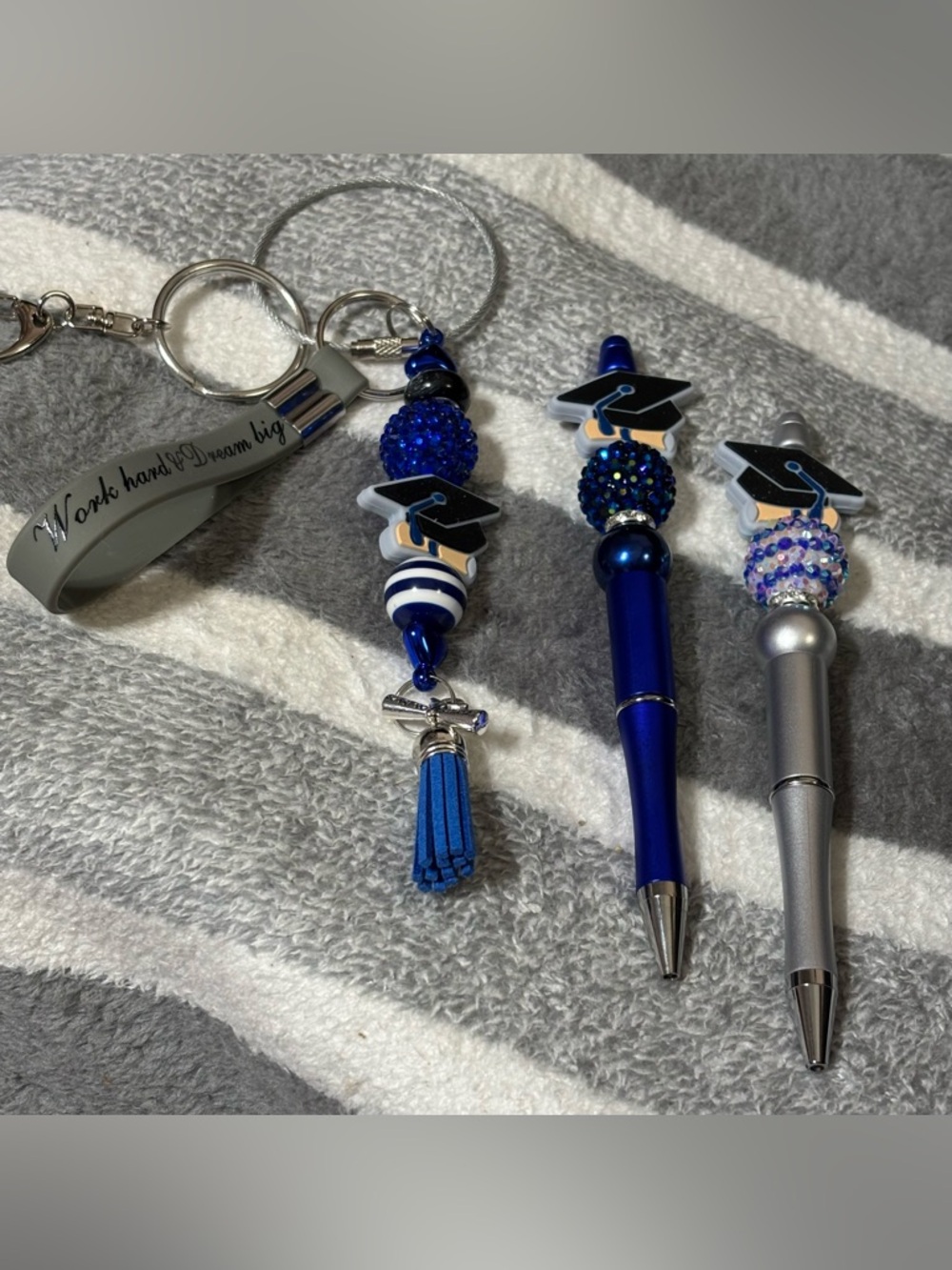 Beaded Graduation Gift Set Sparkle Blue 2 Bead Pens and Keychain